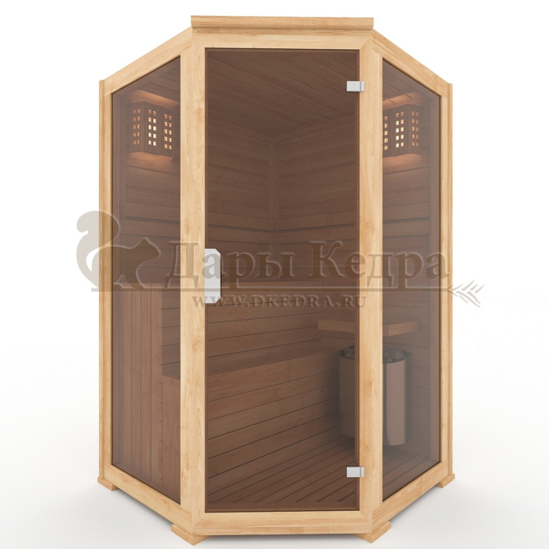 Двухместная угловая финская сауна кабина из кедра и липы с электрокаменкой Двухместная угловая финская сауна кабина из кедра и липы с электрокаменкой