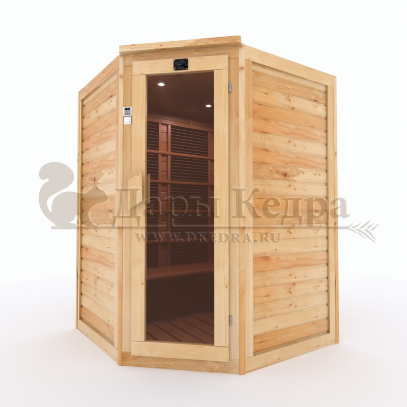 Трёхместная угловая инфракрасная сауна кабина из кедра с карбоновыми излучателями Трёхместная угловая инфракрасная сауна кабина из кедра с карбоновыми излучателями